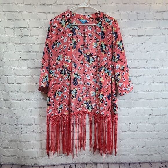 Anthropologie Nanette Lepore Coral Floral Fringe Kimono L’Amour Large Anthro - Picture 2 of 8